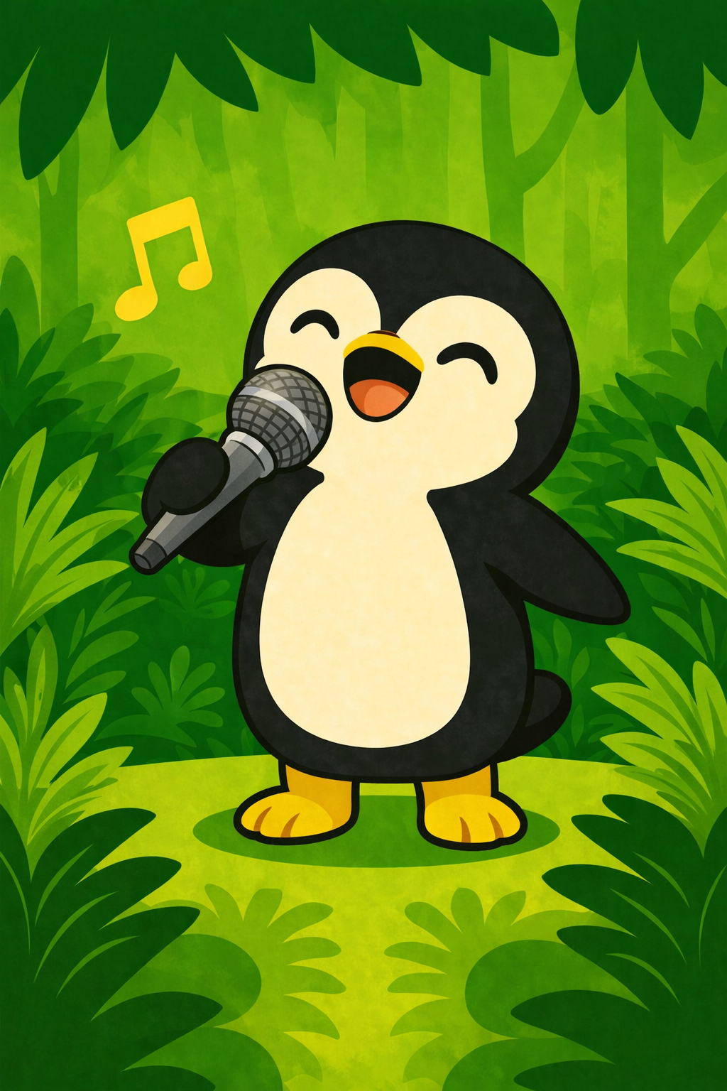 Don the penguin cheering in the jungle